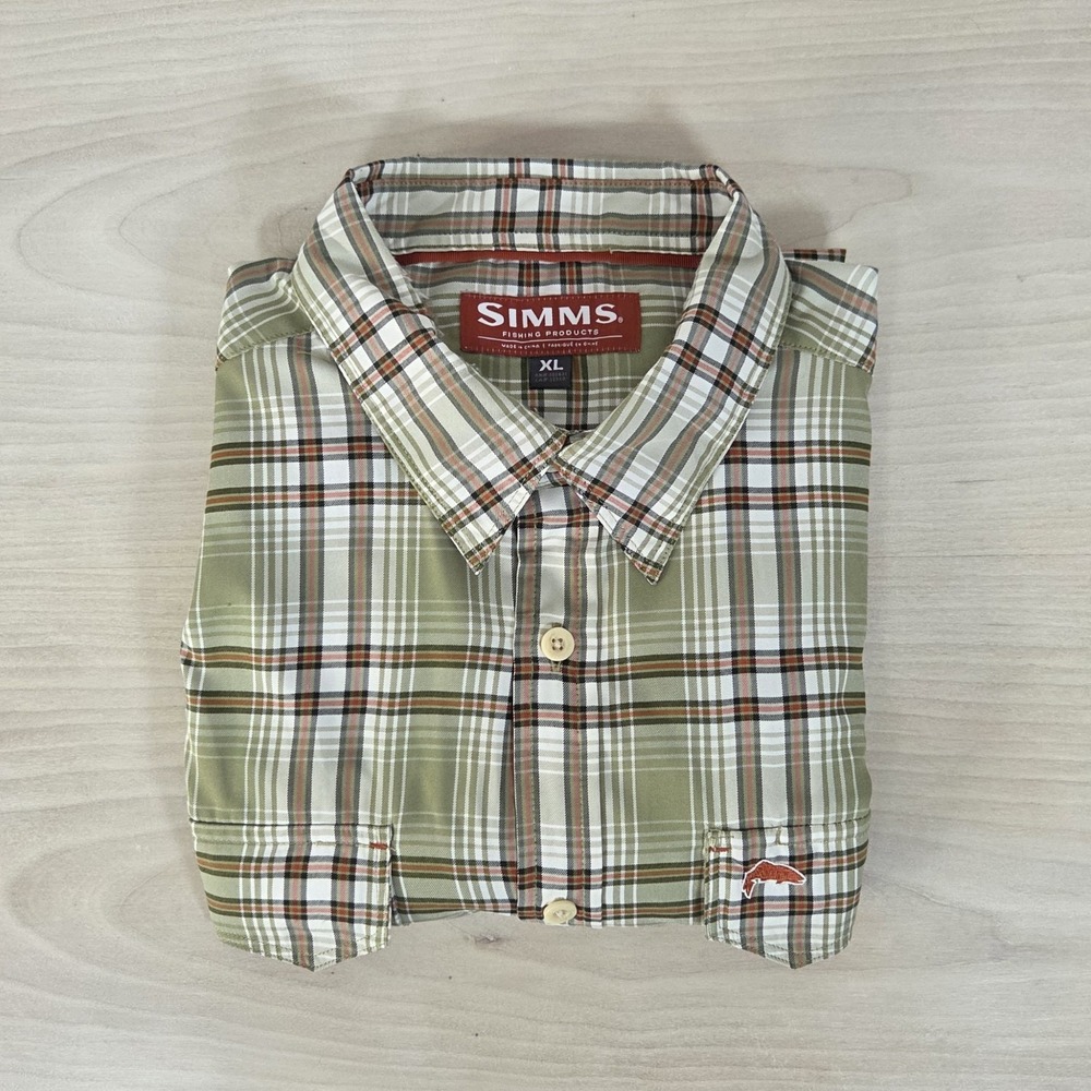 Simms Morada Plaid Fishing Shirt Long Sleeve Roll Up Men's XL Orange Fish Logo
